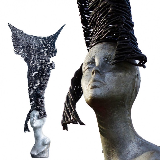 Sculpture contemporaine de Marius Dansou, une coiffe aérienne 